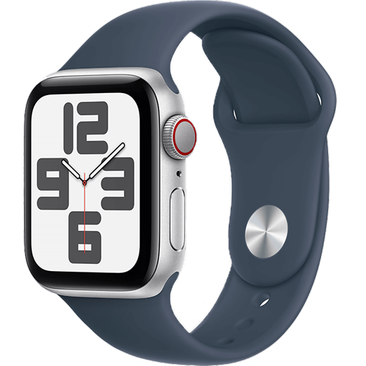 Apple Watch SE (2023) Aluminium Sportarmband Silber/Sturmblau S/M - Hero